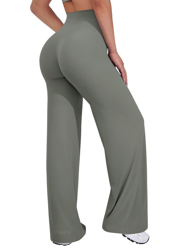 VOYJOY Straight Leggings Bottoms Wide Leg Pants for Women 29"/ 31.5"/33"/35" High Waist Stretch Casual Sweatpants Gray Green - Image 1