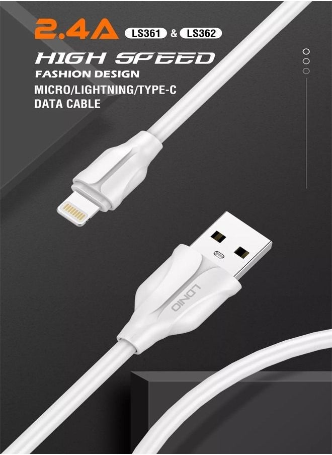 LDNIO - Lightning Cable 2.4A iPhone Charging Cable 1M braided Data Fast Charging and Data Transfer Cable for New iPhone 14/14 Plus/ 14 Pro/14 Pro Max/iPhone 13 12 Pro/ Max/ New iPad White - Image 1