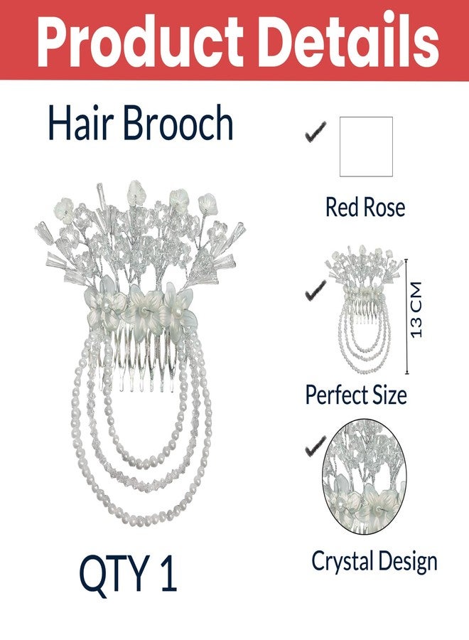 TEMPERIA (1pc) Hair Accessories For Women's & Girls - Stylish Artificial Flowers & Crystal Pearls Bun Juda Bridal Brooch for Hairstyle & Decoration - Pins & Clips for Style of Bride - White - Image 2