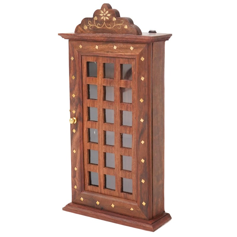 ADA Handicraft حامل مفاتيح بتصميم مربع من خشب الشيشام - مصنوع بواسطة حرفيي سهرانبور لمفاتيح الحجم الصغير (11 × 6.5 بوصة، بني) - Image 1