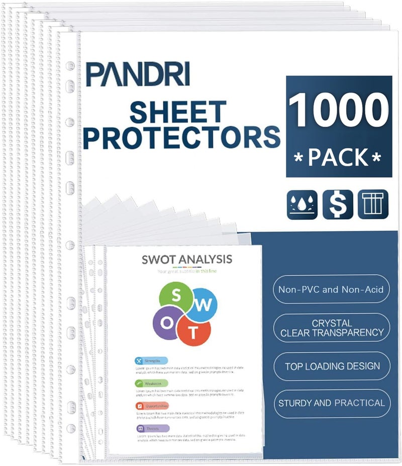 PANDRI Sheet Protectors, PANDRI 1000 Pack Clear Heavy Duty Plastic Page Protectors Sheet Reinforced 11-Hole Fit for 3 Ring Binder Fits Standard 8.5 x 11 Paper, 9.25 x 11.25 Top Loaded, Excluding Acid - Image 1