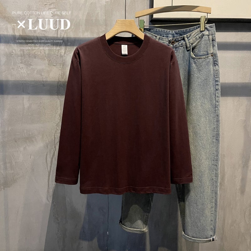 LUUD 230G combed cotton long-sleeved T-shirt men's net color top comfortable base shirt round neck pullover trendy - Image 3