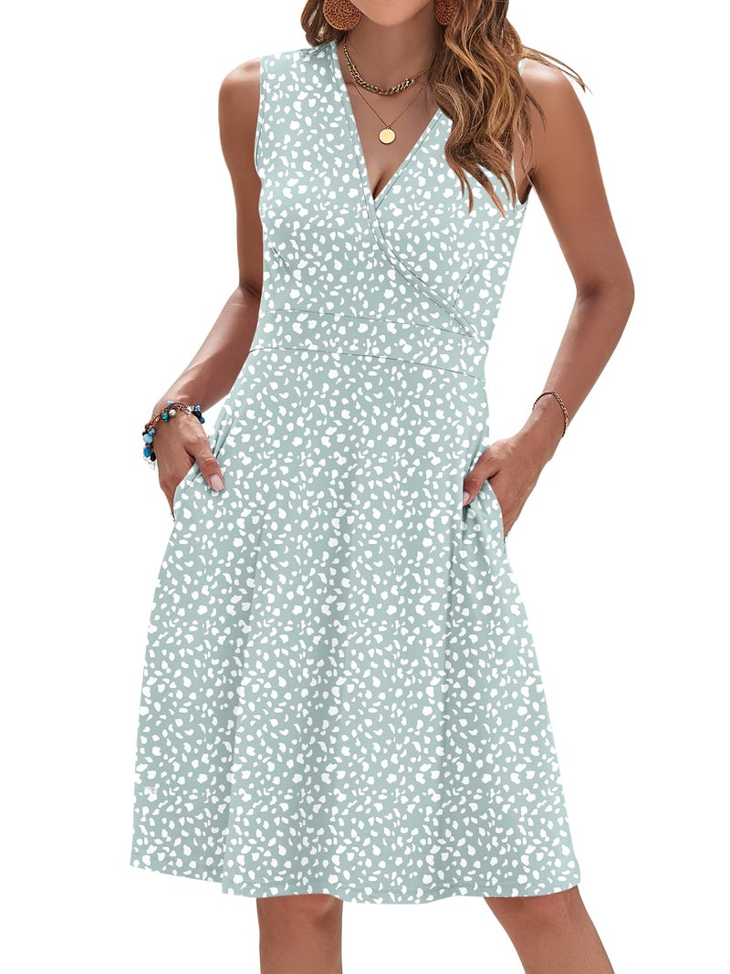 AUSELILY Womens Summer Dresses 2026 Floral Sleeveless V Neck Wrap Sundress with Pockets, Green Horseshoe M - Image 1