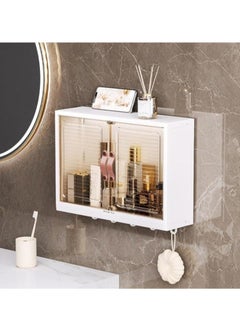 MLADEN Bathroom Storage Cabinet Wall Storage Cabinet with Hooks Over Toilet Foldable Cosmetic Makeup Storage Organizer Home Double Door Storage Shelf (White)  - Image 3