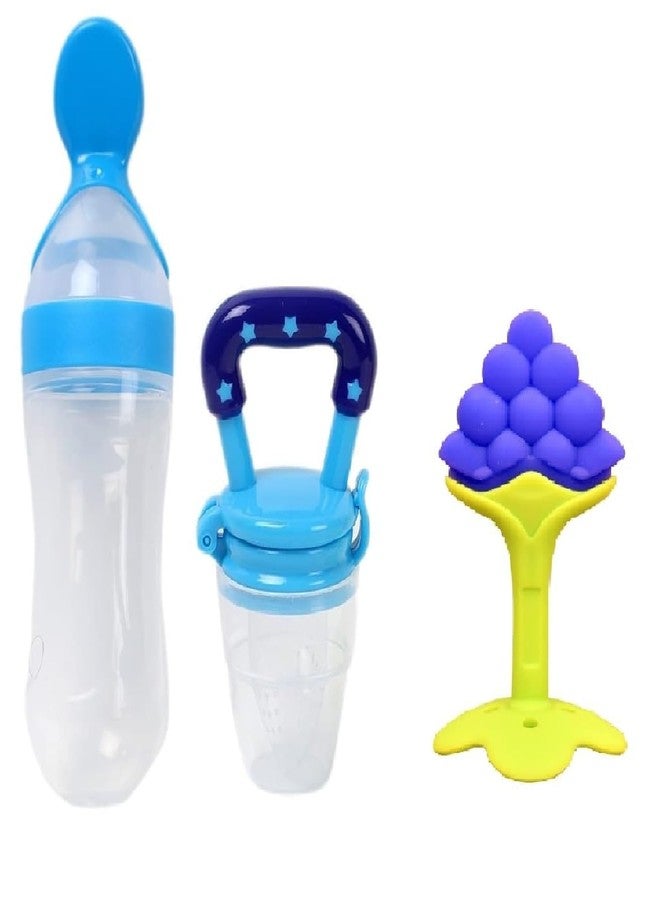 Chopchi Fruit Feeder,Teether & Feeding Spoon Bottle with Squeezy Food for 6 Month Above Baby (Pack of-3, Blue Set) - Image 1