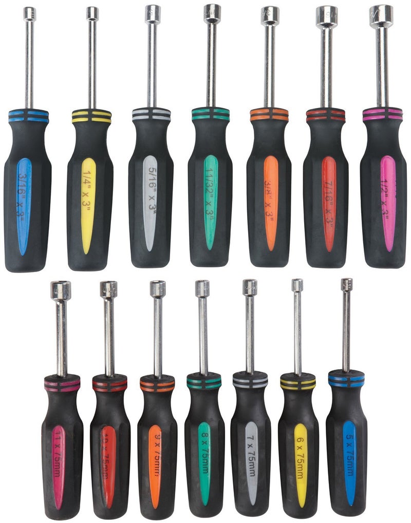 Pittsburgh 14 Piece SAE and Metric Professional Automotive Nut Driver Set Color Coded Nonslip TPR Hand Grips and 3-inch Hollow Shaft - Image 4