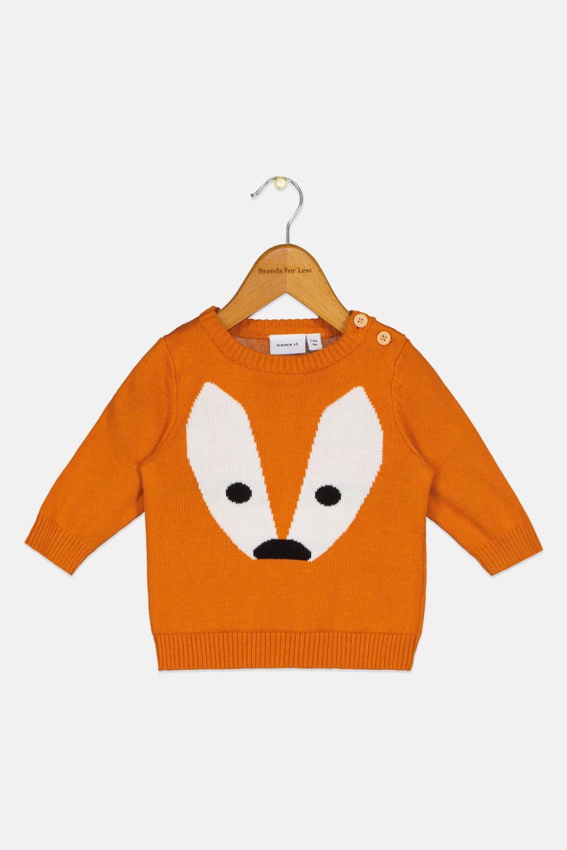 NAME IT Toddlers Boy Ribbed Neck Long Sleeve Graphic Print Sweater, Burnt Orange - Image 1