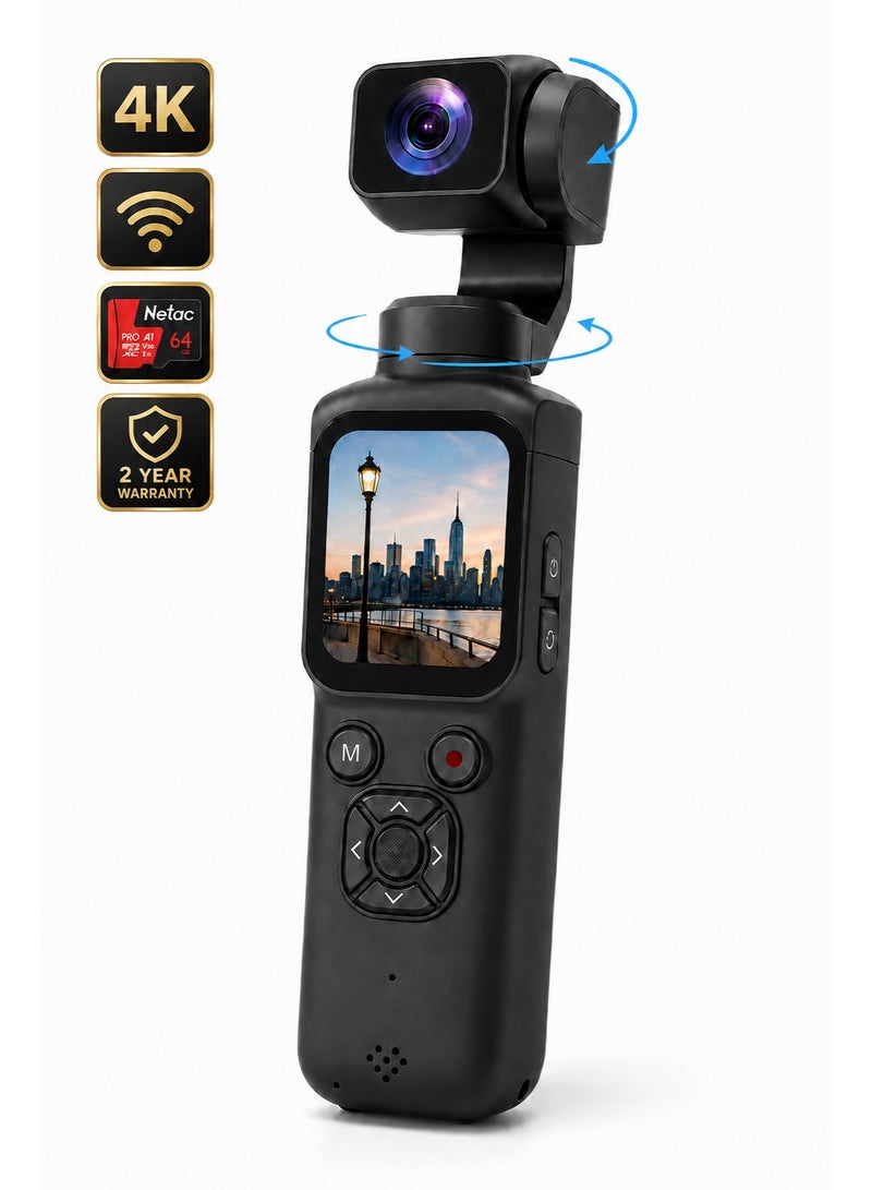 بلينك كاميرا تصوير فيديو بدقة 4K عالية الوضوح مع بطاقة ذاكرة 64 جيجابايت، كاميرا فيديو محمولة مزودة بمثبت جيمبال وشاشة لمس 1.72 بوصة، قابلة للدوران 330 درجة، مثالية للسفر والرياضة - Image 1