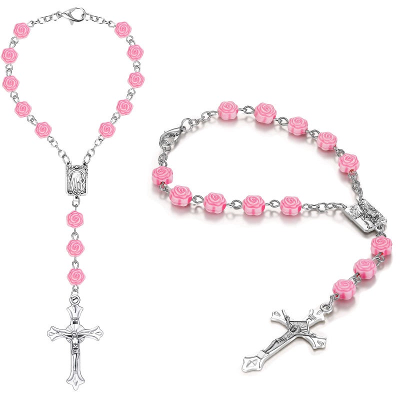 Konohan 2 Pieces Car Rosary Pink Rose Rearview Mirror Auto Rosary Religious Car Mirror Hanging Accessories Rose Lourdes Medal and Cross for Car Personalized Protection Charm for Auto Decors