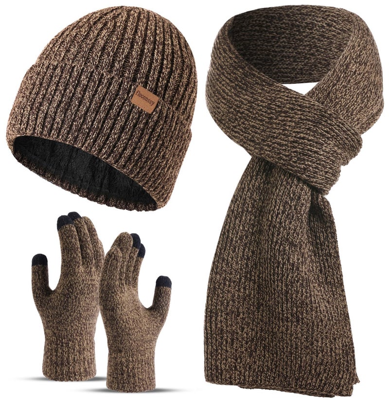 floconssy Men's Scarf Hats Gloves Set for Winter, 3 PCS Fleece Lined Beanies Warm Long Scarves Glove for Cold Weather, Brown, One size - Image 1
