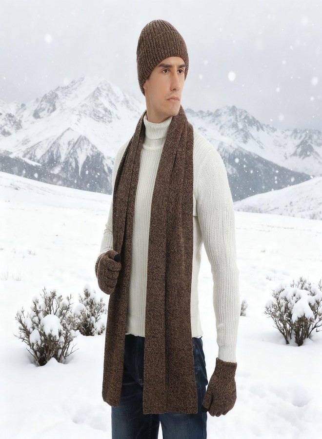floconssy Men's Scarf Hats Gloves Set for Winter, 3 PCS Fleece Lined Beanies Warm Long Scarves Glove for Cold Weather, Brown, One size - Image 5