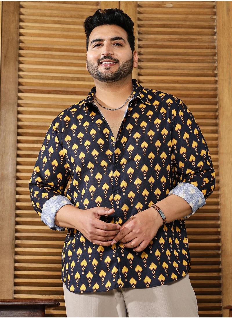 انستافاب بلس Instafab Plus Men's Black & Yellow Indie Block-Print Shirt For Casual Wear | Spread Collar | Long Cuffed Sleeves | Button Closure | Plus Size Shirt Crafted With Comfort Fit For Everyday Wear