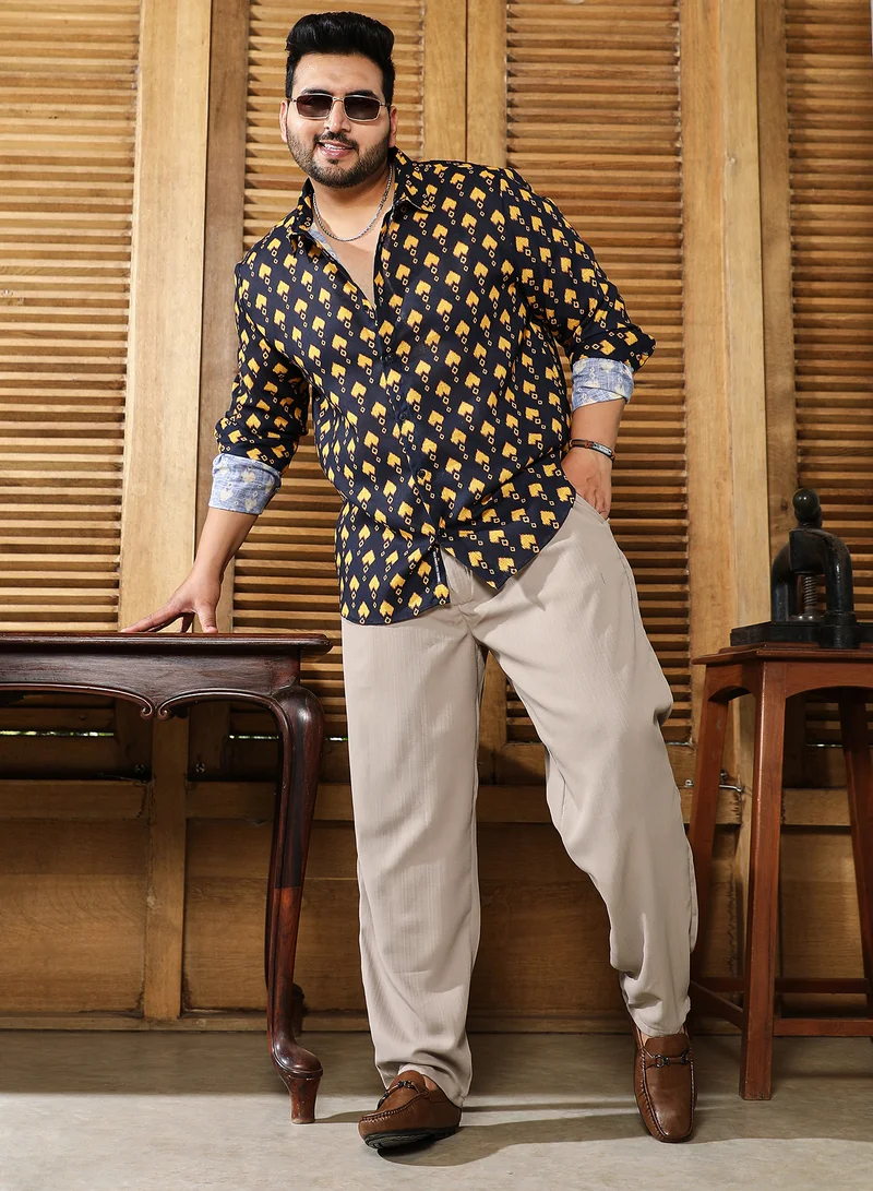 Instafab Plus Instafab Plus Men's Black & Yellow Indie Block-Print Shirt For Casual Wear | Spread Collar | Long Cuffed Sleeves | Button Closure | Plus Size Shirt Crafted With Comfort Fit For Everyday Wear