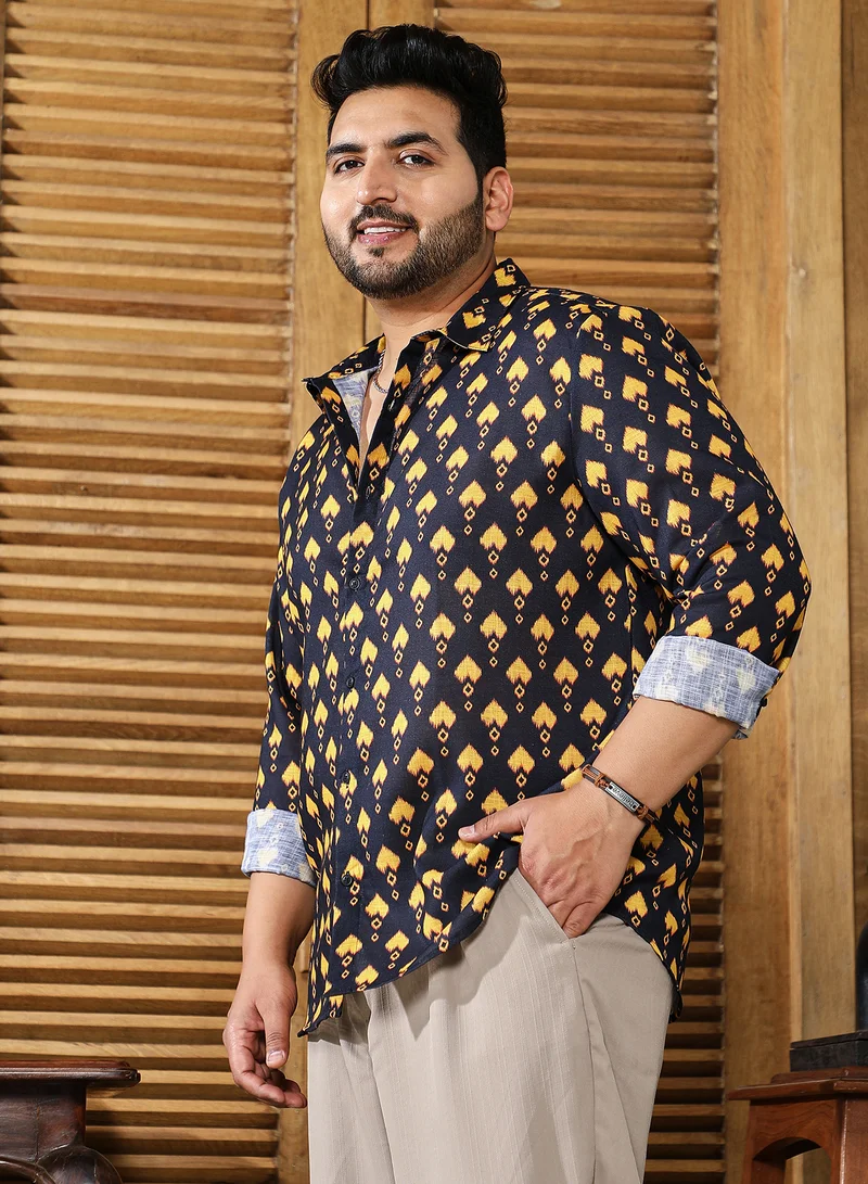 Instafab Plus Instafab Plus Men's Black & Yellow Indie Block-Print Shirt For Casual Wear | Spread Collar | Long Cuffed Sleeves | Button Closure | Plus Size Shirt Crafted With Comfort Fit For Everyday Wear