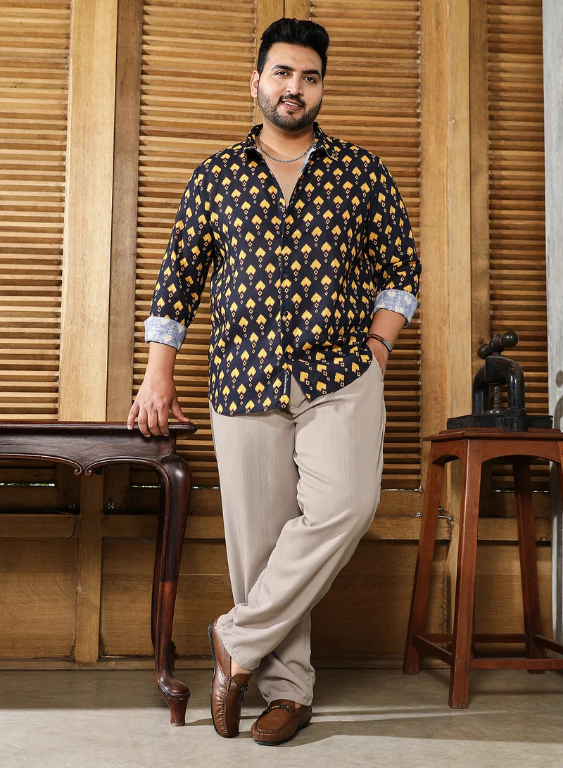 Instafab Plus Instafab Plus Men's Black & Yellow Indie Block-Print Shirt For Casual Wear | Spread Collar | Long Cuffed Sleeves | Button Closure | Plus Size Shirt Crafted With Comfort Fit For Everyday Wear