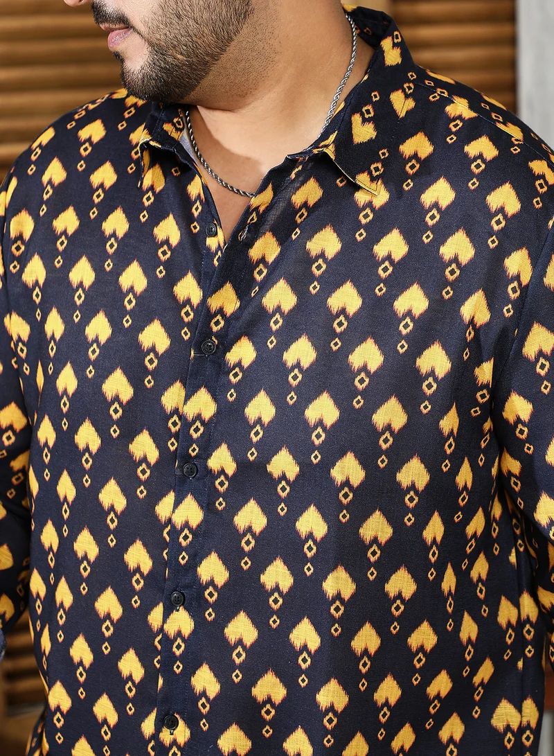 Instafab Plus Instafab Plus Men's Black & Yellow Indie Block-Print Shirt For Casual Wear | Spread Collar | Long Cuffed Sleeves | Button Closure | Plus Size Shirt Crafted With Comfort Fit For Everyday Wear