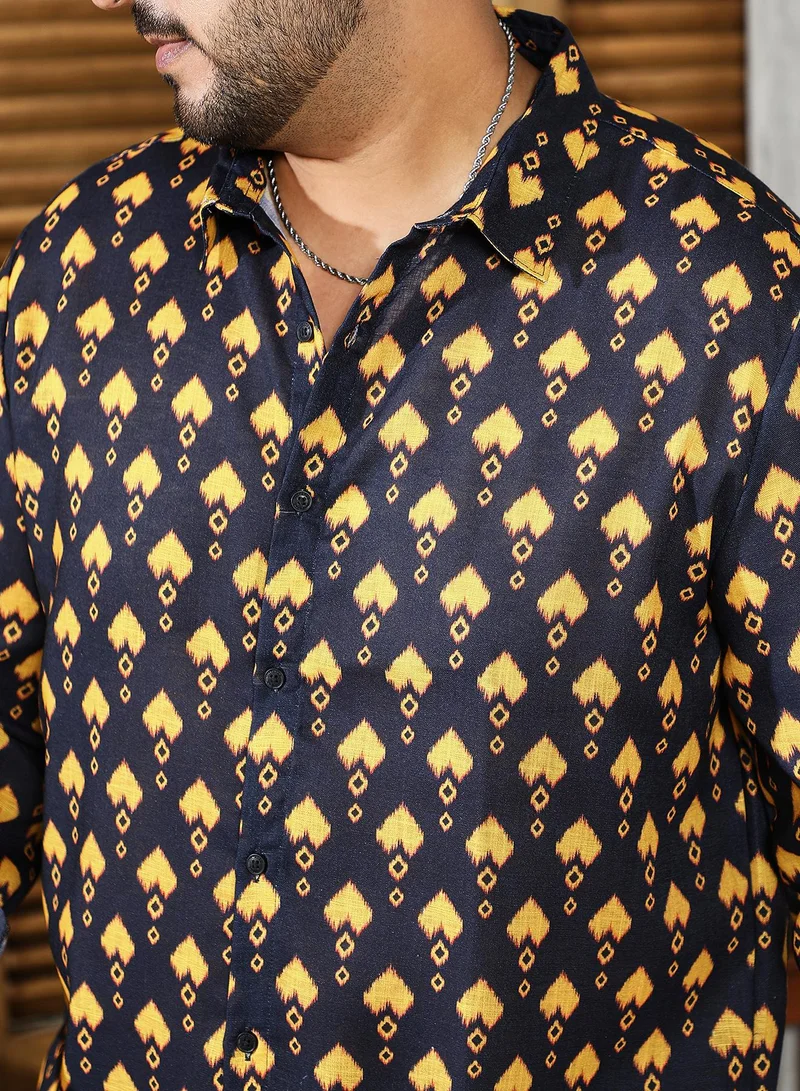 Instafab Plus Instafab Plus Men's Black & Yellow Indie Block-Print Shirt For Casual Wear | Spread Collar | Long Cuffed Sleeves | Button Closure | Plus Size Shirt Crafted With Comfort Fit For Everyday Wear