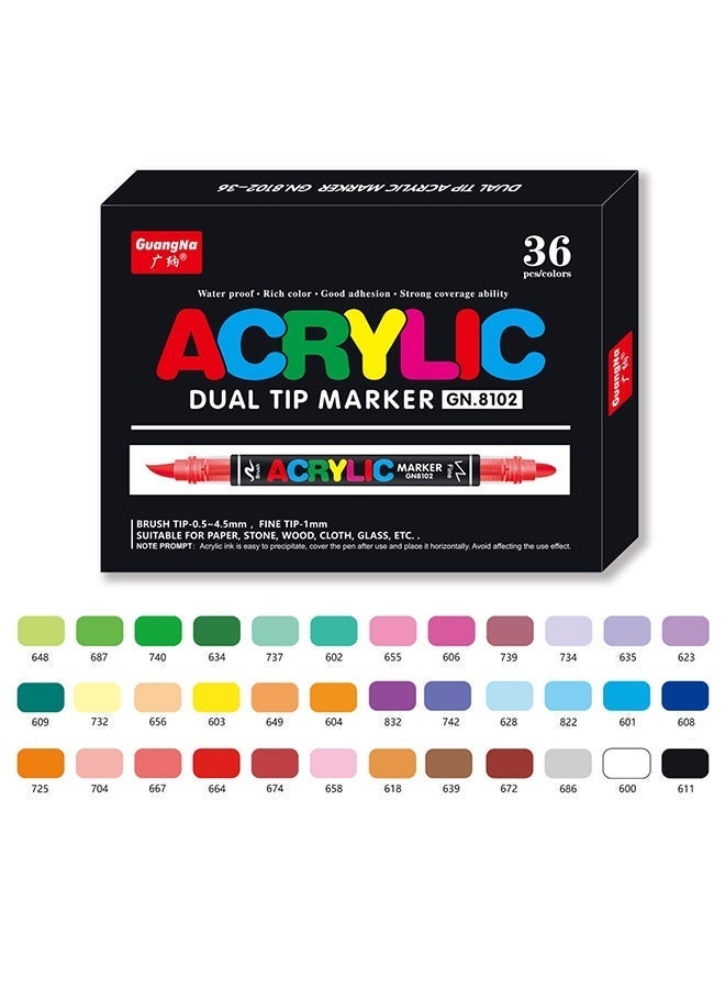 GuangNa 36 Colors Acrylic Dual Tip Marker Set, Liquid Acrylic Paint Pens with Brush Tip & Fine Tip for Drawing, DIY Crafts, Paper, Stone, Wood, Fabric & Glass - Image 1