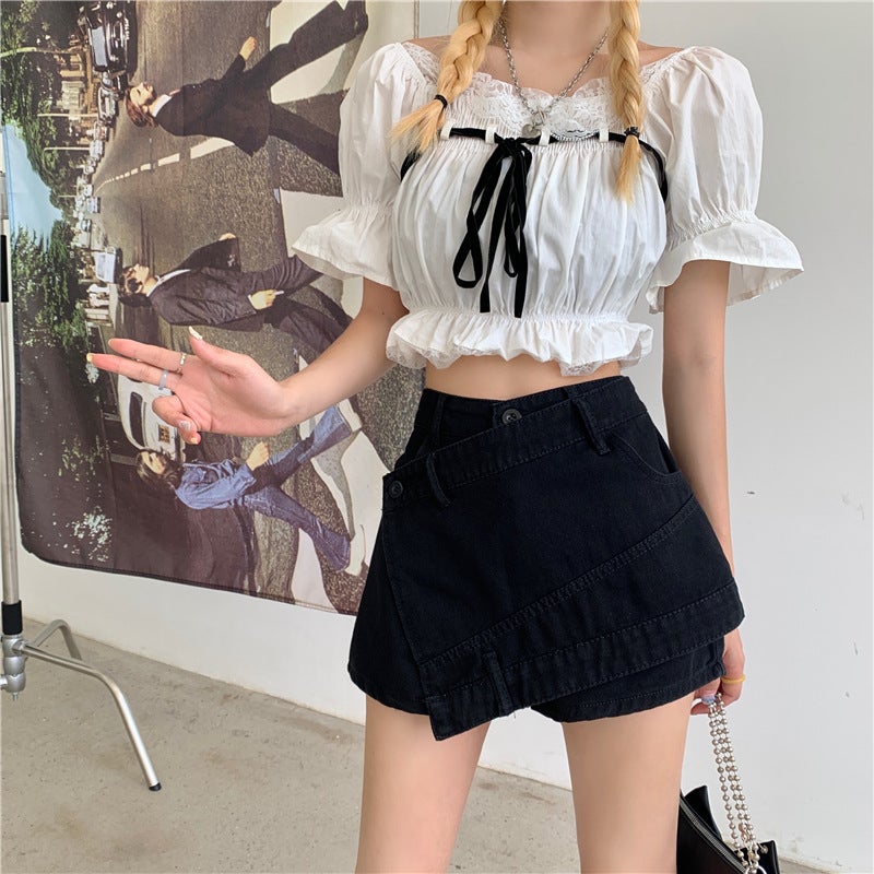 Spice Girls Denim Skirt Womens Summer 2023 New High Waist A- Line Skirt Slimming Design Sense Niche Culottes Black - Image 1