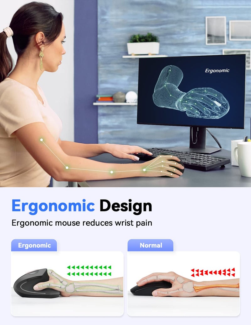 TECKNET Ergonomic Wireless Vertical Mouse, 4800 DPI with 5 Adjustable Levels, 2.4GHz Optical, 6 Buttons for Laptop, Desktop, PC, MacBook - Black - Image 2