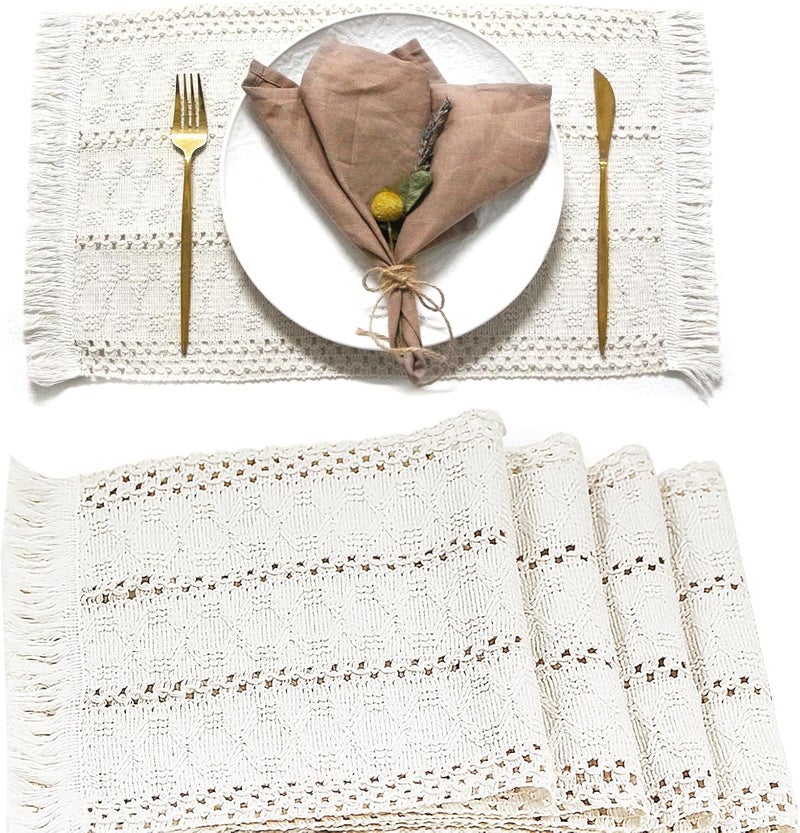 FEXIA Boho Placemats Set of 4 Macrame Table Decor and Farmhouse Style Placemats Natural Cotton Burlap for Dining Table Kitchen - Image 1