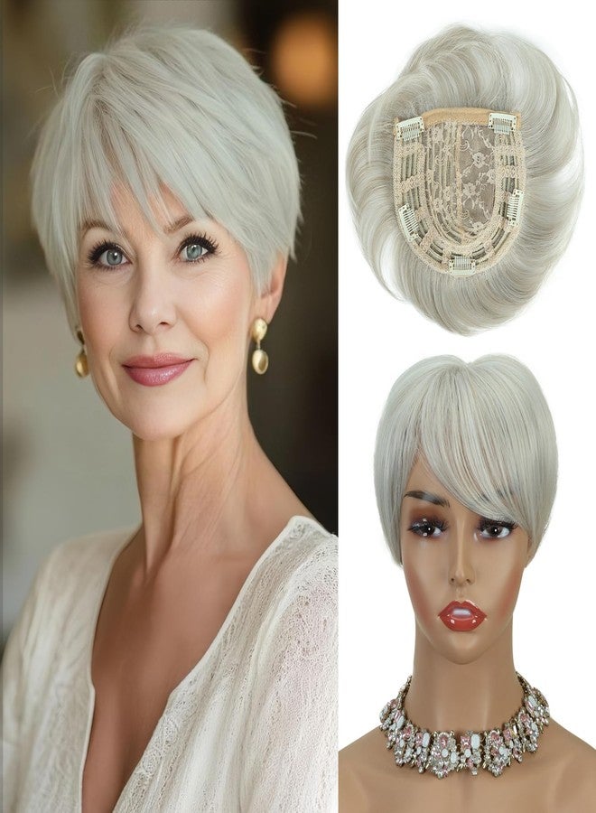 PHOCAS Short Hair Topper Wiglets Hairpieces for Thinning Hair Toppers With Bangs, Heat Resistance Synthetic Platinum Blonde Magic Pixie Topper for Women All-Day Wear - Image 1