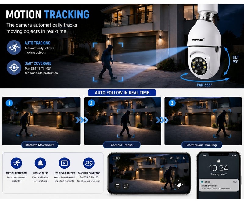 Jortan E27 2MP Light Bulb camera, Color Night Vision, Motion Detection, Two Way Talking, HD Picture, PTZ Control - Image 3