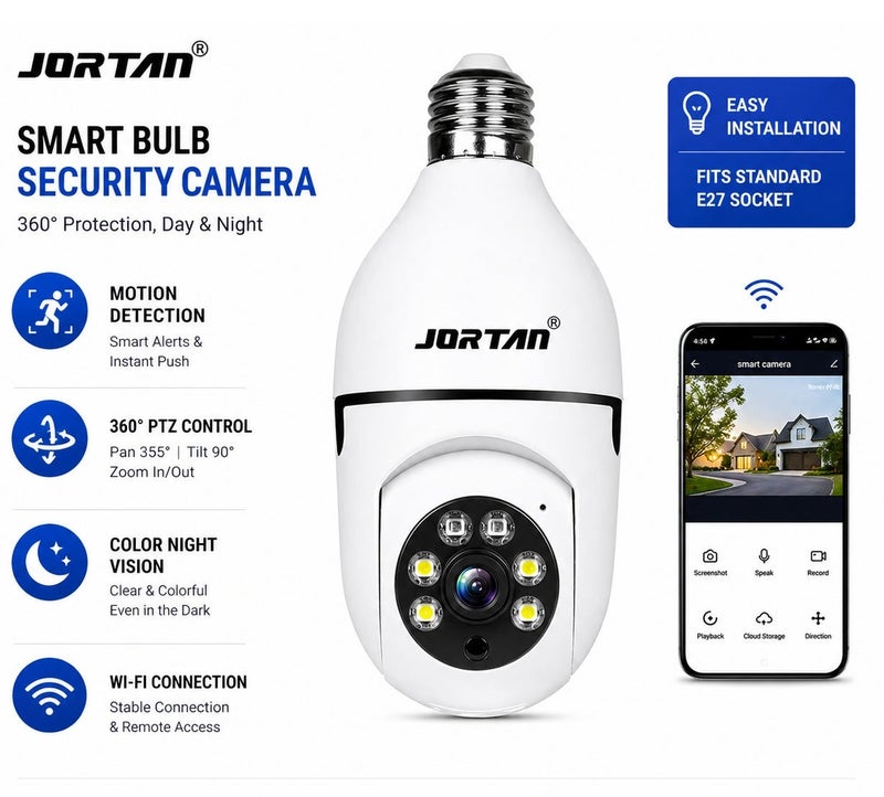 Jortan E27 2MP Light Bulb camera, Color Night Vision, Motion Detection, Two Way Talking, HD Picture, PTZ Control - Image 1
