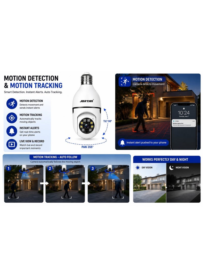 Jortan E27 2MP Light Bulb camera, Color Night Vision, Motion Detection, Two Way Talking, HD Picture, PTZ Control - Image 4
