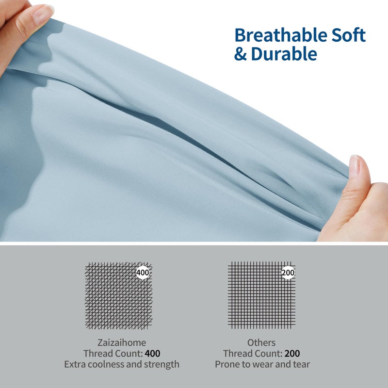 Zaizaihome Bamboo Viscose Cooling Fitted Sheet Twin Size Only  400 Thread Count  16"" Deep Pocket Cooling Bottom Sheets for Hot Sleeper  Silky Soft Breathable (Twin  Sky Blue  - Image 3
