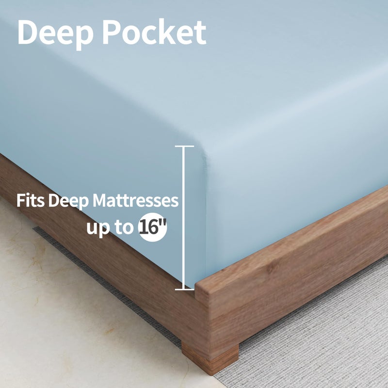 Zaizaihome Bamboo Viscose Cooling Fitted Sheet Twin Size Only  400 Thread Count  16"" Deep Pocket Cooling Bottom Sheets for Hot Sleeper  Silky Soft Breathable (Twin  Sky Blue  - Image 5
