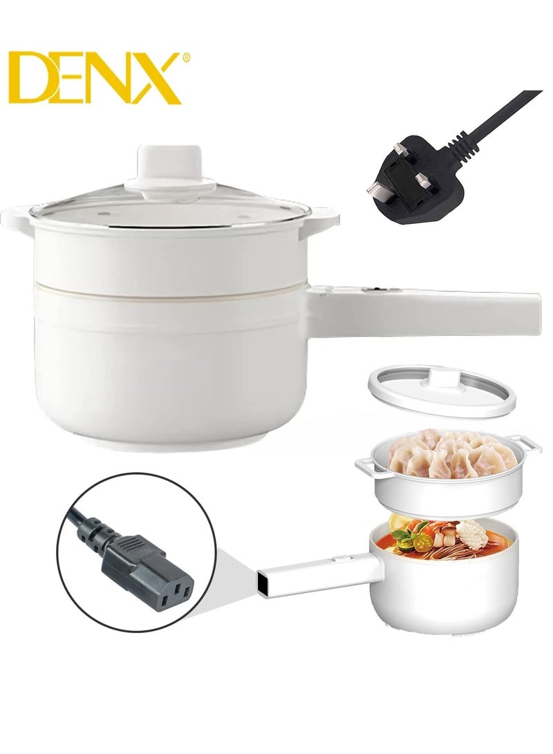 Denx 2L Electric Hot Pot with Steamer & Temperature Control, Non-Stick Electric Cooker Shabu Electric Skillet, Frying Pan, Electric Saucepan, for Noodles, Egg, Steak, Oatmeal and Soup - Image 1