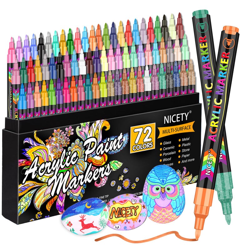 NICETY 72 Colors Acrylic Paint Pens Paint Markers Extra Fine Tip Point Acrylic Paint Pens for Rock Painting Canvas Wood Ceramic Glass Stone Fabric Crafts Art Supplies
