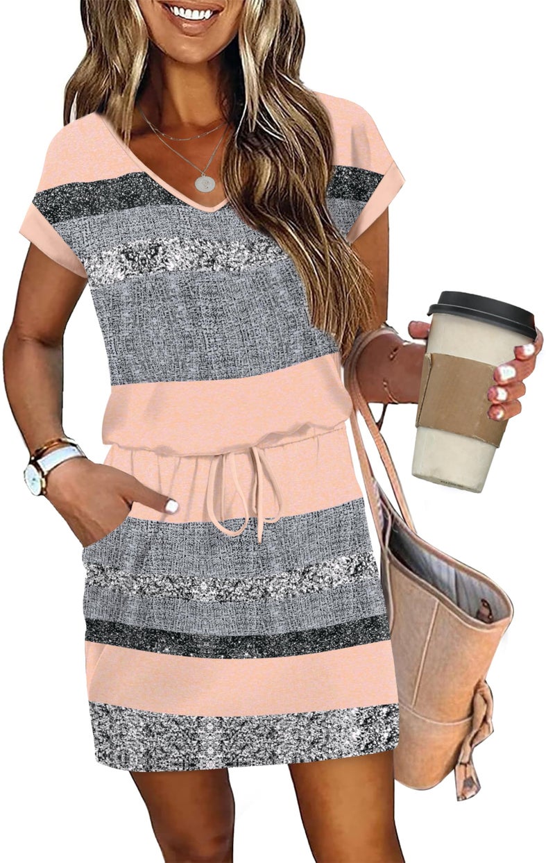 OFEEFAN Dresses for Women Beach Clothes for Women Fashion Summer Short Sleeve Loose V Neck T Shirts Spring Dresses XL Grey Pink - Image 2