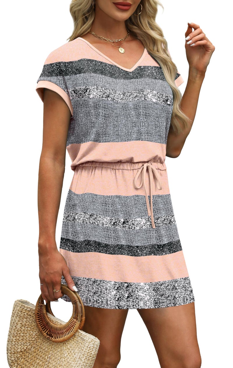 OFEEFAN Dresses for Women Beach Clothes for Women Fashion Summer Short Sleeve Loose V Neck T Shirts Spring Dresses XL Grey Pink - Image 4