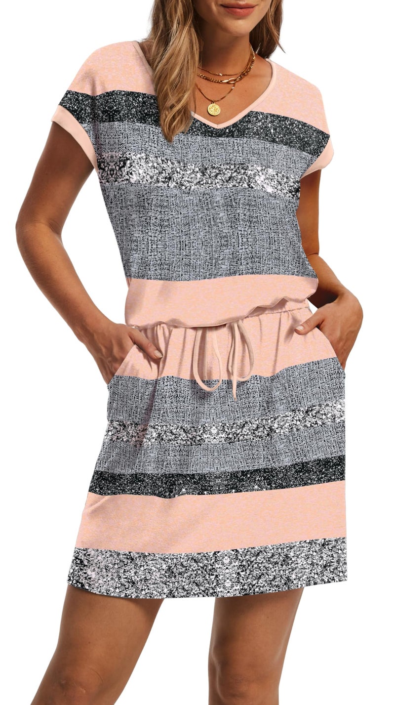 OFEEFAN Dresses for Women Beach Clothes for Women Fashion Summer Short Sleeve Loose V Neck T Shirts Spring Dresses XL Grey Pink - Image 3