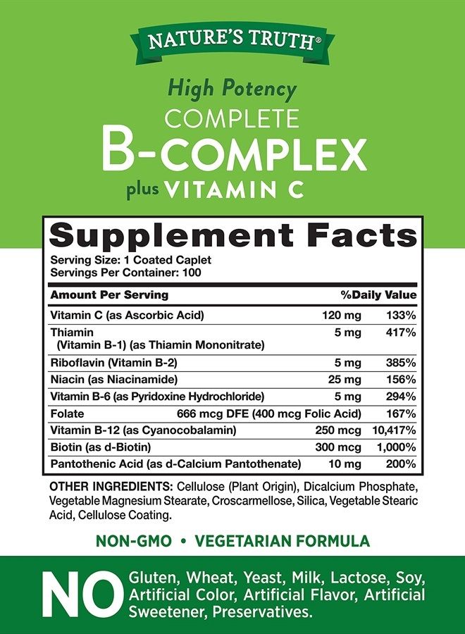 Nature's Truth B-Complex Plus Vitamin C Vitamin Supplement - 100 Caplets  - Image 2