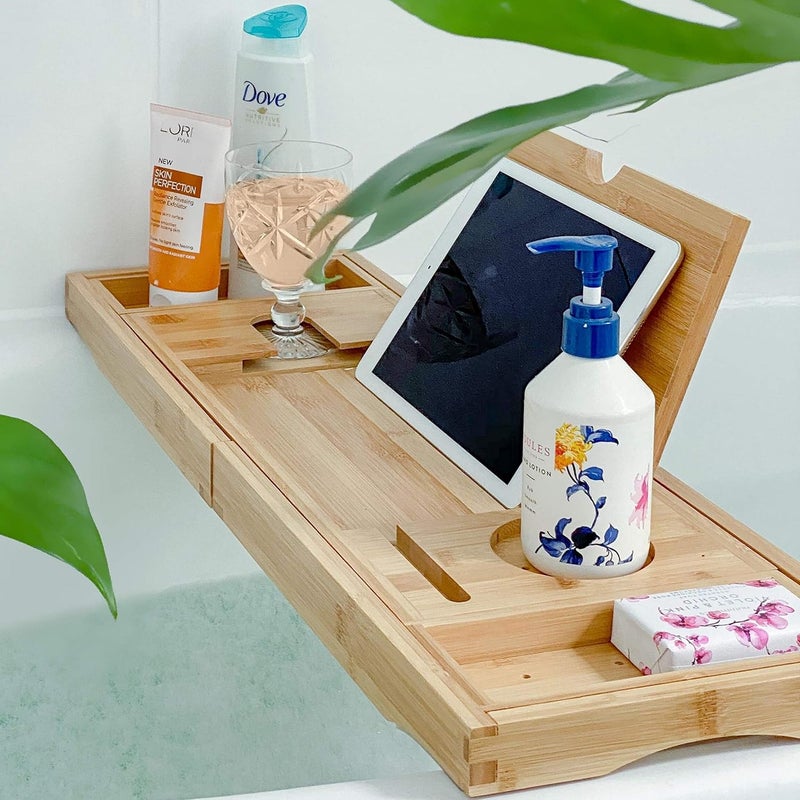 Deep Calm Bathtub Tray Caddy - Bamboo Foldable Bath Tub Table, Expandable Bath Tray Holds All Bathtub Accessories, Perfect Luxury Relaxing Gift for Self Care - Image 1