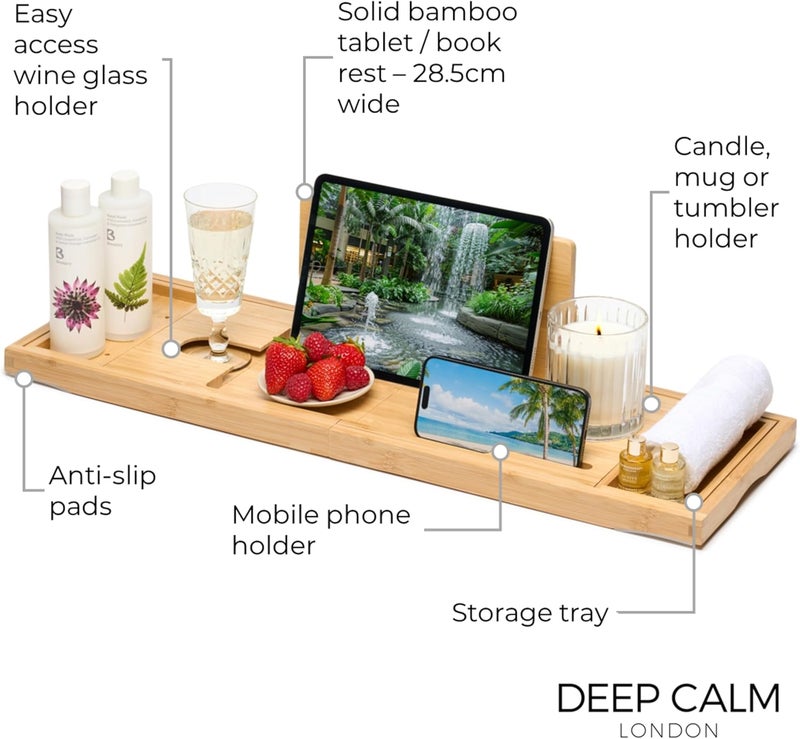 Deep Calm Bathtub Tray Caddy - Bamboo Foldable Bath Tub Table, Expandable Bath Tray Holds All Bathtub Accessories, Perfect Luxury Relaxing Gift for Self Care - Image 2