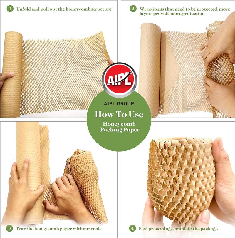 AIPL ورق تعبئة على شكل خلية نحل، 15" × 25 متر بديل للفقاعات الهوائية لتغليف الشحن والتعبئة، لفافة واقية قابلة لإعادة التدوير - Image 4