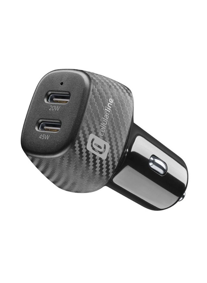سيلولار لاين محول شاحن سيارة Cellularline USB-C بقدرة 65 واط – شحن سريع بمنفذين، أسود - Image 1