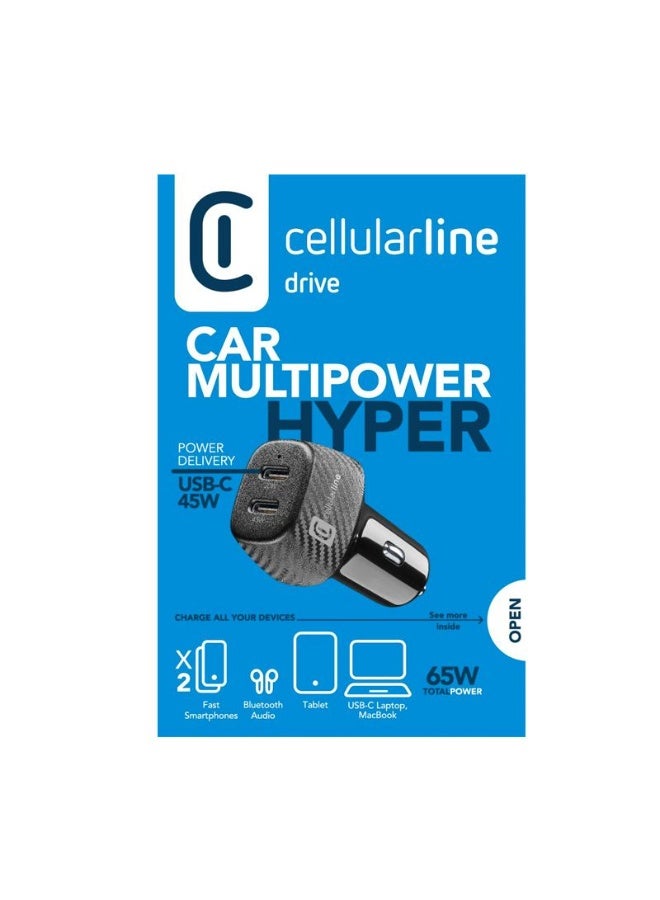 سيلولار لاين محول شاحن سيارة Cellularline USB-C بقدرة 65 واط – شحن سريع بمنفذين، أسود - Image 2