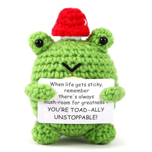 JULEASEL Mini Cute Positive Mushroom Frog Handmade Crochet Emotional Support Doll with Encouraging Card Uplifting Gift for Coworkers Friends Women Men Desk Decor - Image 1