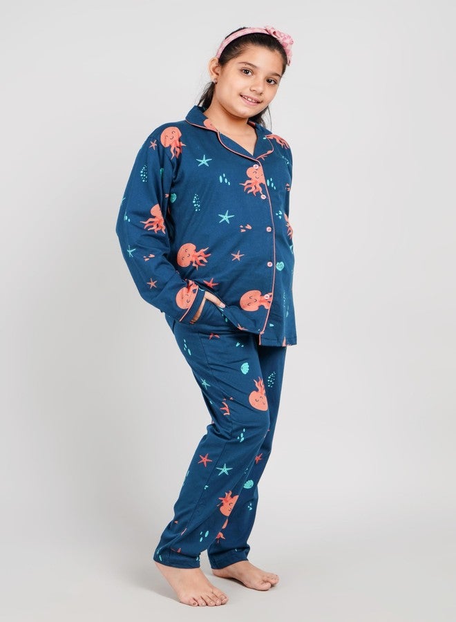 BLOEM Girls Cotton Animal Print Nightsuit | Shirt & Pyjama Set for Girls | Soft & Breathable Sleepwear Set (Navy Blue, 7-8 Years) - Image 4