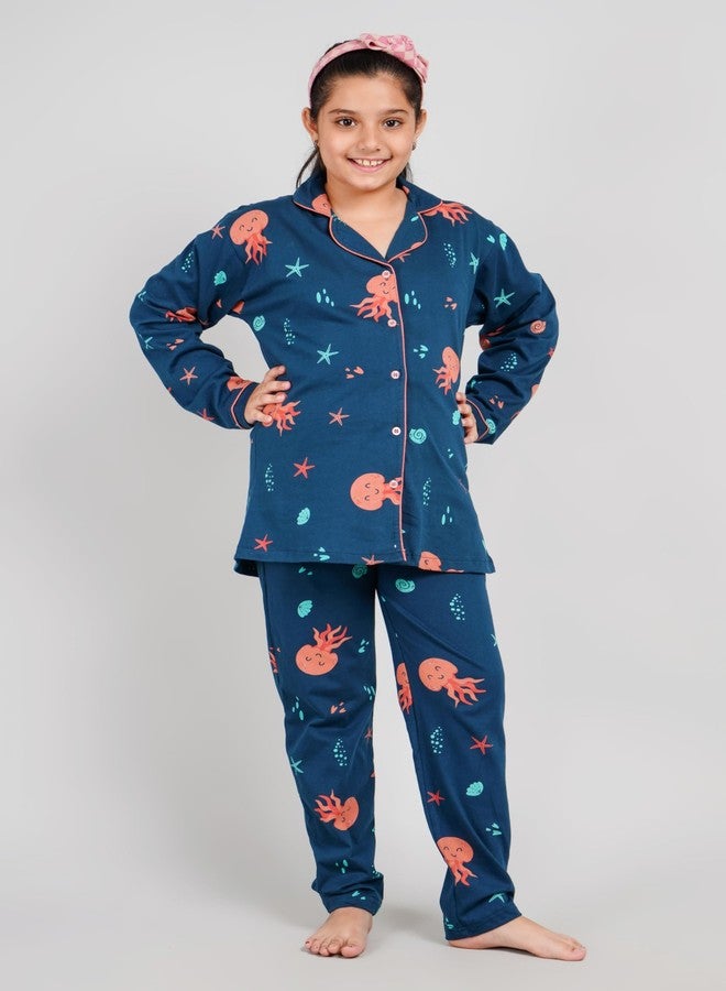 BLOEM Girls Cotton Animal Print Nightsuit | Shirt & Pyjama Set for Girls | Soft & Breathable Sleepwear Set (Navy Blue, 7-8 Years) - Image 2