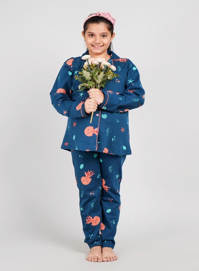 BLOEM Girls Cotton Animal Print Nightsuit | Shirt & Pyjama Set for Girls | Soft & Breathable Sleepwear Set (Navy Blue, 7-8 Years) - Image 5
