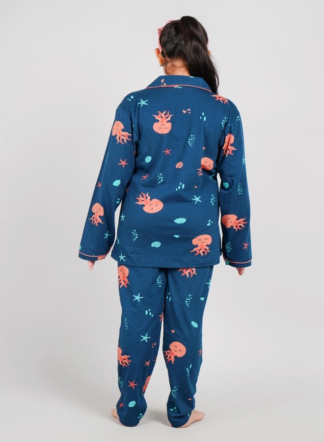 BLOEM Girls Cotton Animal Print Nightsuit | Shirt & Pyjama Set for Girls | Soft & Breathable Sleepwear Set (Navy Blue, 7-8 Years) - Image 3