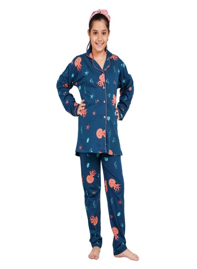 BLOEM Girls Cotton Animal Print Nightsuit | Shirt & Pyjama Set for Girls | Soft & Breathable Sleepwear Set (Navy Blue, 7-8 Years) - Image 1