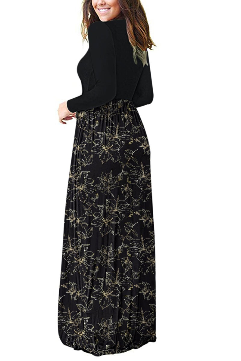 AUSELILY Long Floral Maxi Dress for Women Casual Long Sleeve Crewneck Empire Waist Flower Dresses with Pockets 2026 (L, Golden Leaf/BK) - Image 3