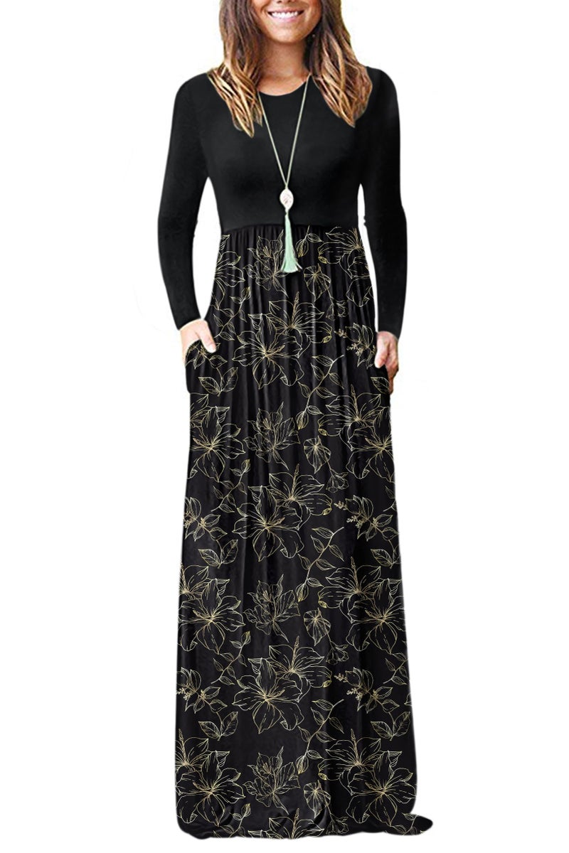 AUSELILY Long Floral Maxi Dress for Women Casual Long Sleeve Crewneck Empire Waist Flower Dresses with Pockets 2026 (L, Golden Leaf/BK) - Image 1